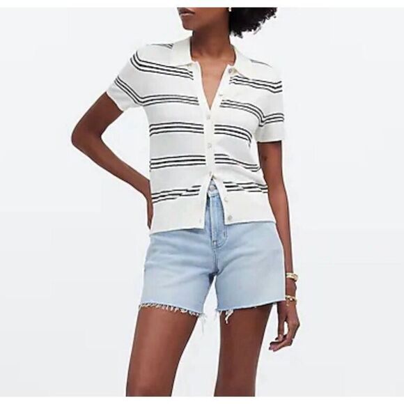 MADEWELL Sweater Women XS Polo Knit Tee NEW Ivory Stripe Short Sleeve NQ341 - Picture 12 of 14